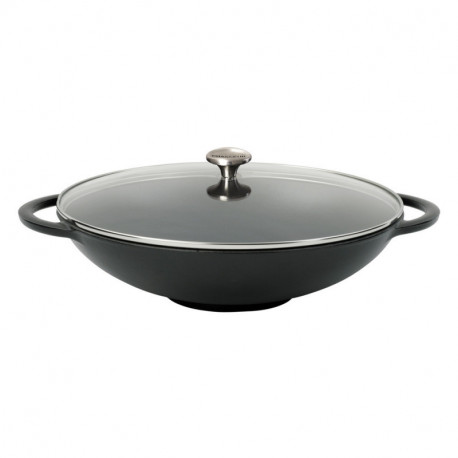 Wok en fonte émaillée couleur extérieure Noir Mat diamètre 37 cm