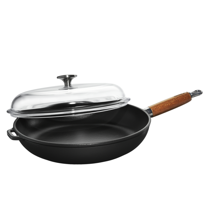 Frypan with wood handle and glass lid