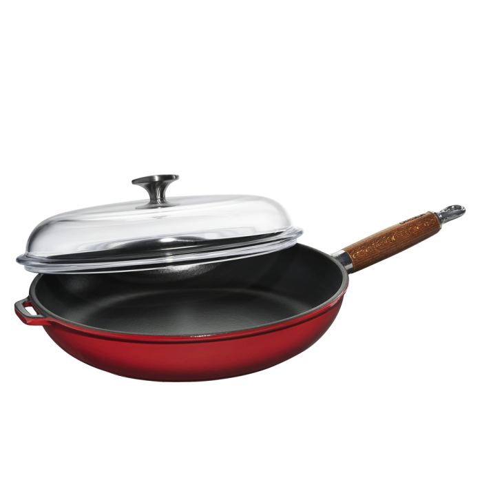 Frypan with wood handle and glass lid