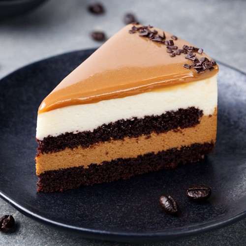 Three chocolate entremets with a caramel glaze