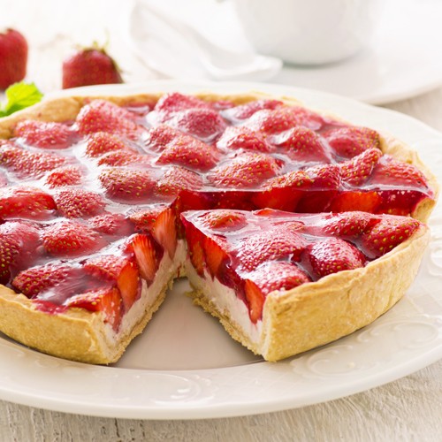 Strawberry, mascarpone and redcurrant jelly tart
